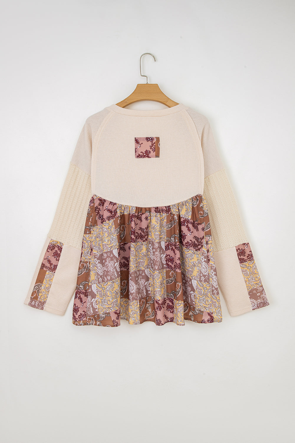 Beige Paisley Print Contrast Long Sleeve Loose Top