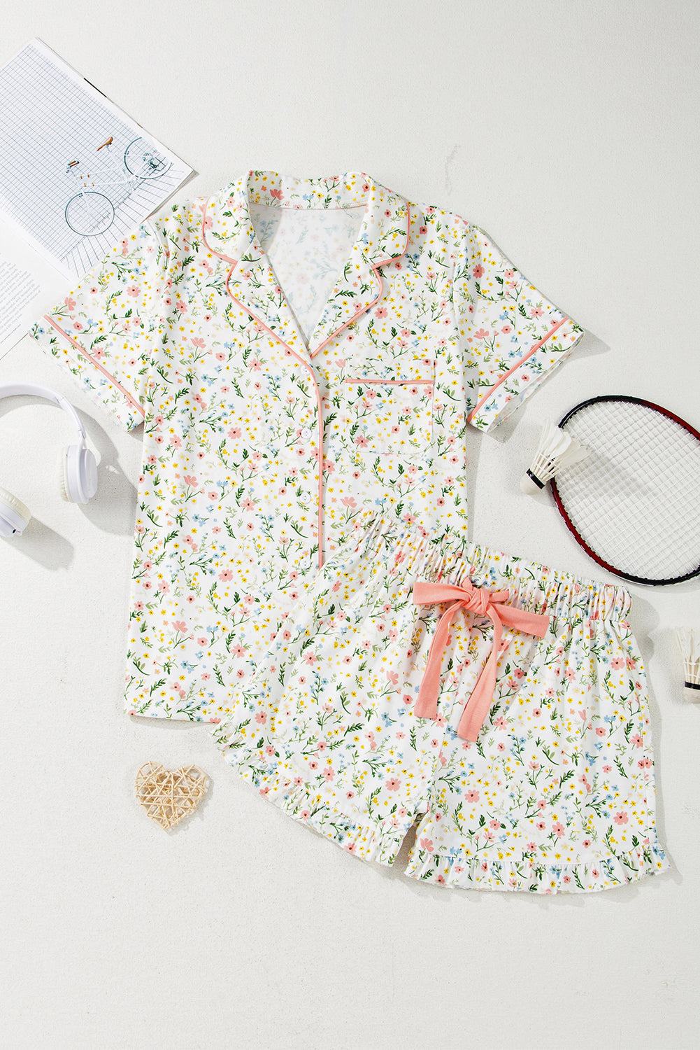 White Floral Print Pajama Set