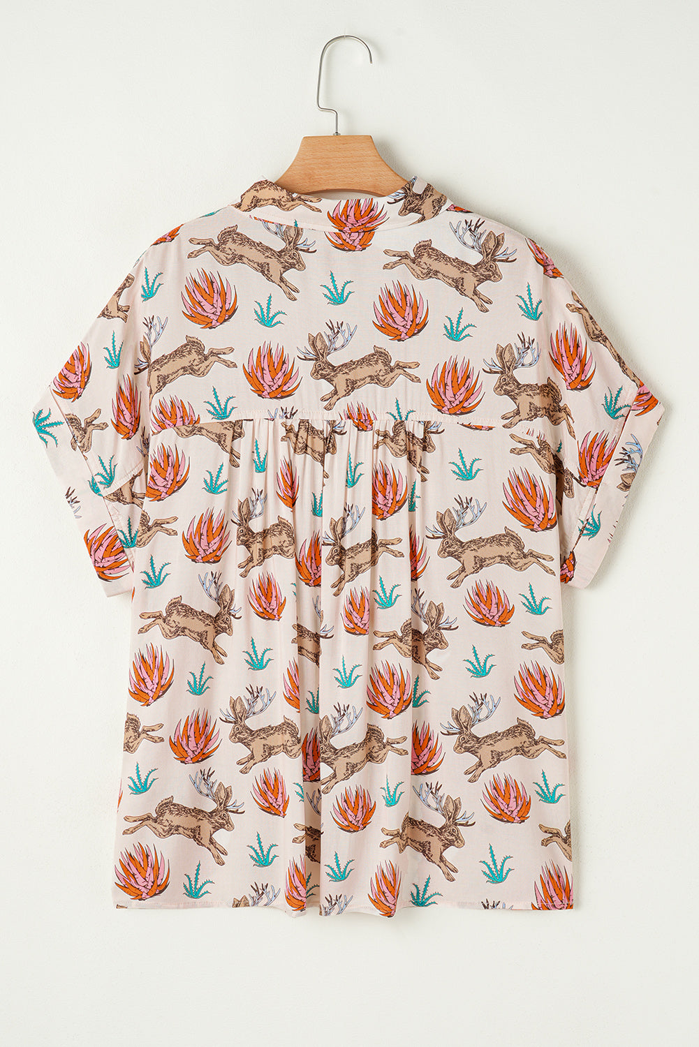 Khaki Plus Size Western Pattern Short Sleeve Shirt