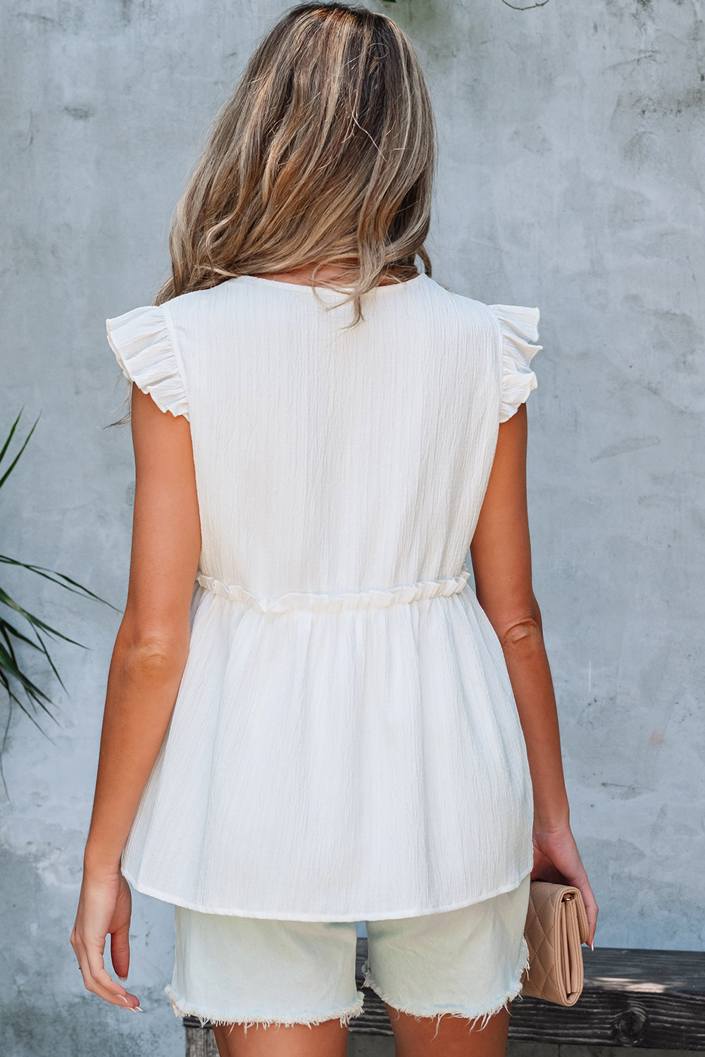 White Textured Ruffled Trim Flowy Top