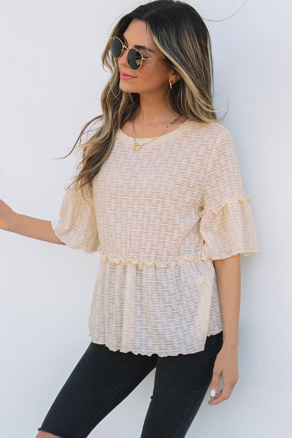 Beige Textured Short Sleeve Blouse