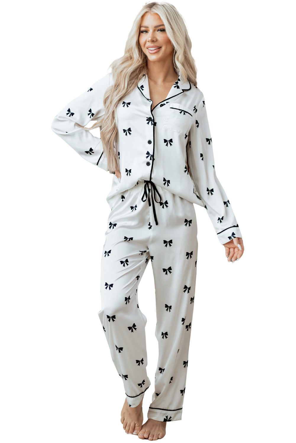 White Bows Print Pajama Set