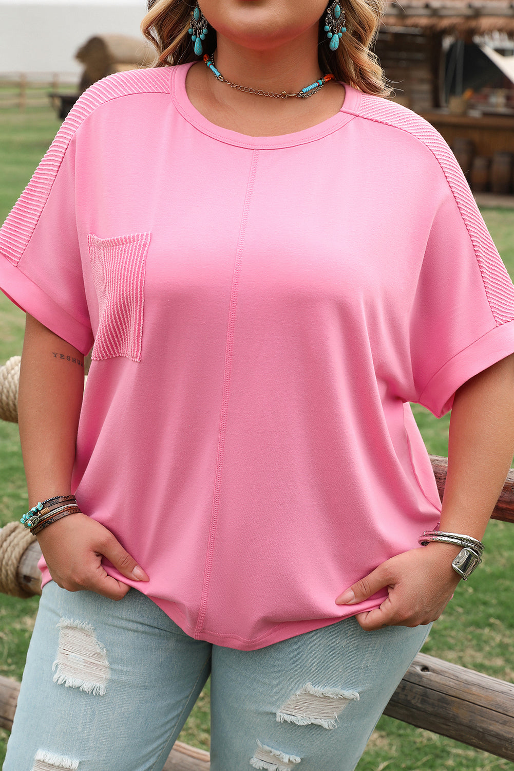 Pink Corded Patchwork Pocketed Plus Size T Shirt