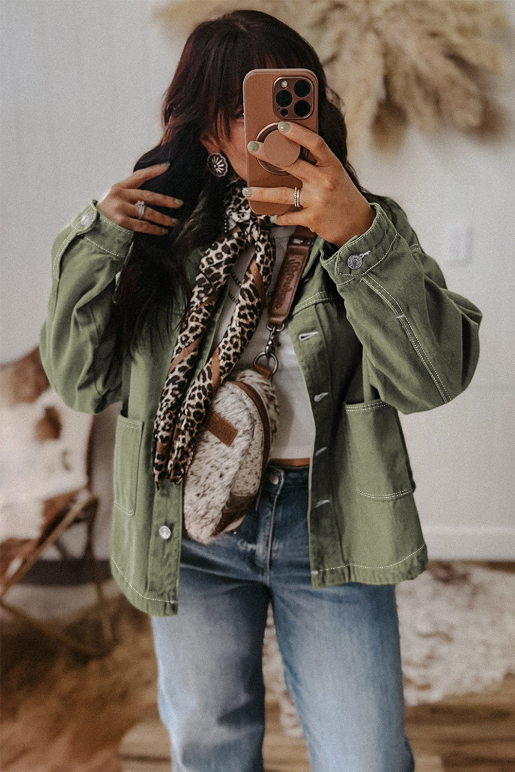 Faded Green Patched Boyfriend Denim Jacket