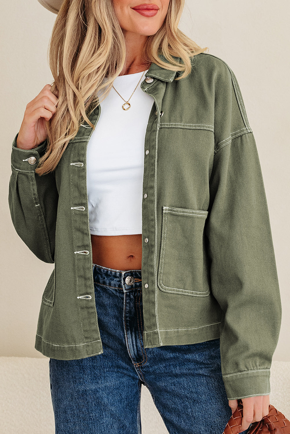 Faded Green Patched Boyfriend Denim Jacket