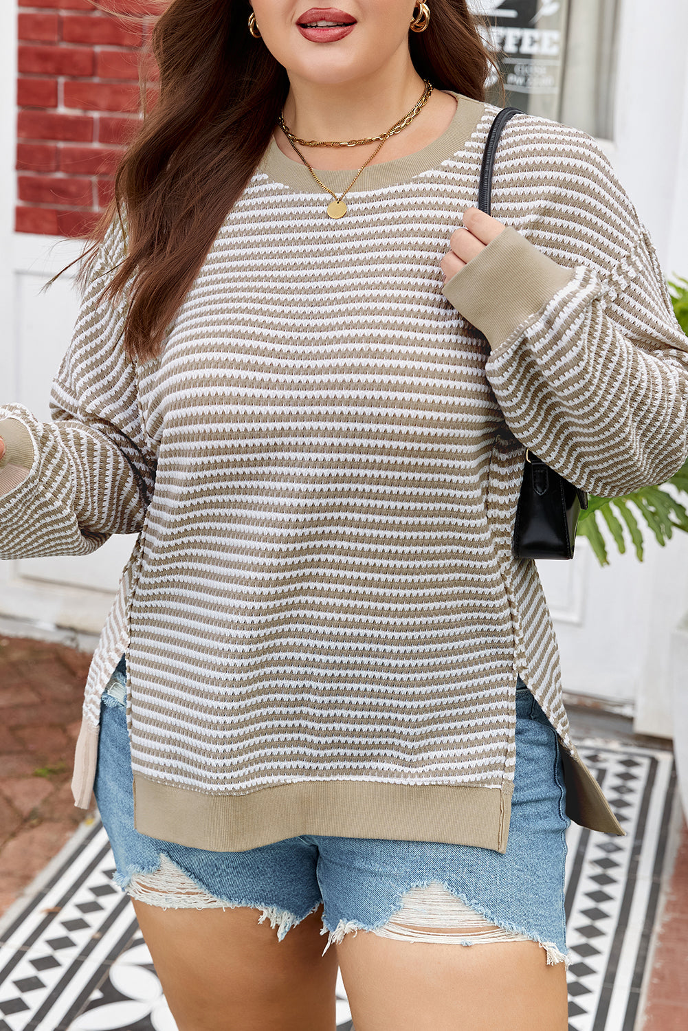Brown Stripe Plus Size Ribbed Long Sleeve Top