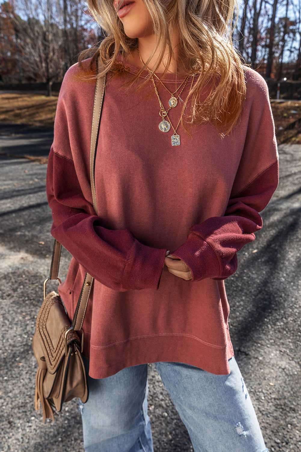 Mineral Red Patchwork Pullover Sweatshirt