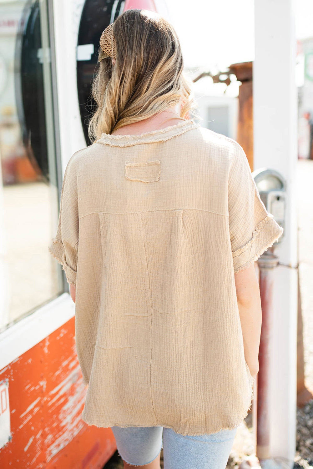 Parchment Crinkle Textured Half Button Short Sleeve Top