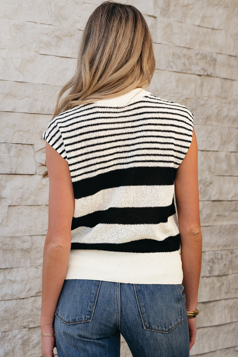 Black & White Striped O Neck Sweater Vest