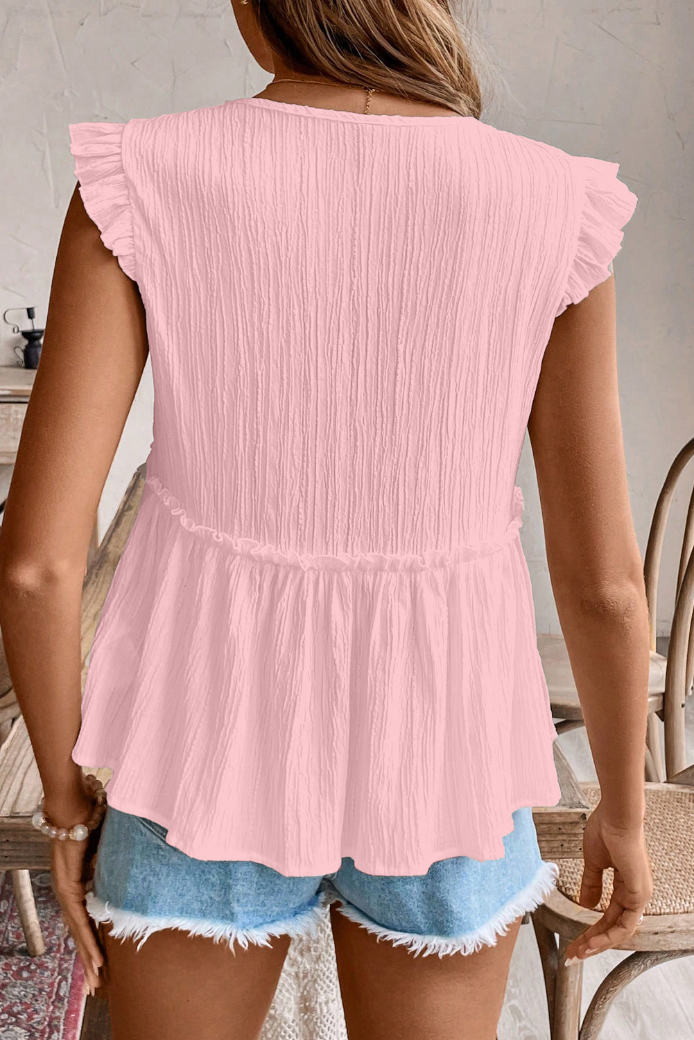 Light Pink Textured Trim V Neck Flowy Top