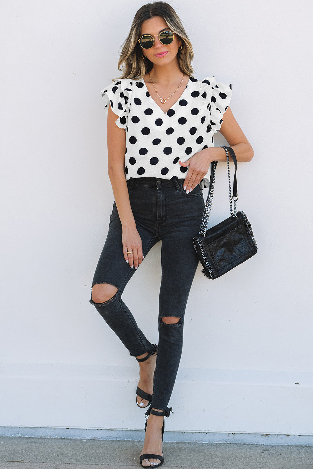 White Polka Dot Ruffled Sleeve V Neck Blouse