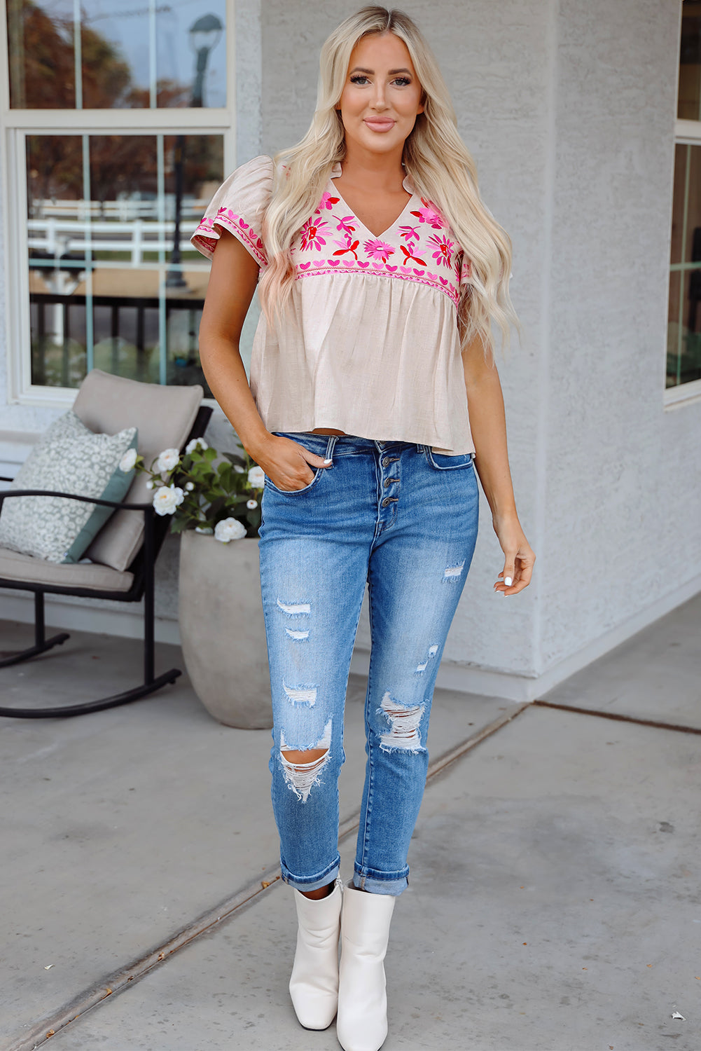 Beige Floral Embroidered Short Sleeve V Neck Blouse