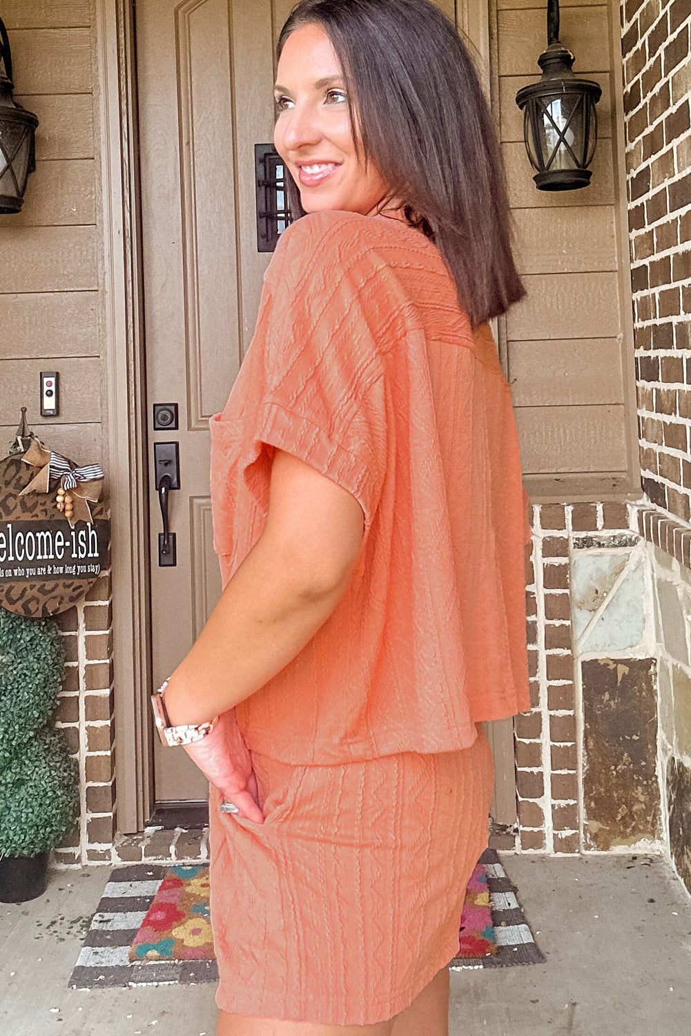 Orange Textured Short Sleeve Top and Shorts Set