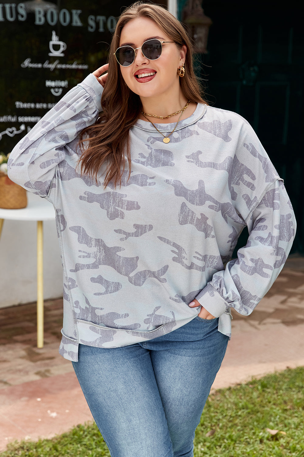 Camo Round Neck Plus Size Sweatshirt