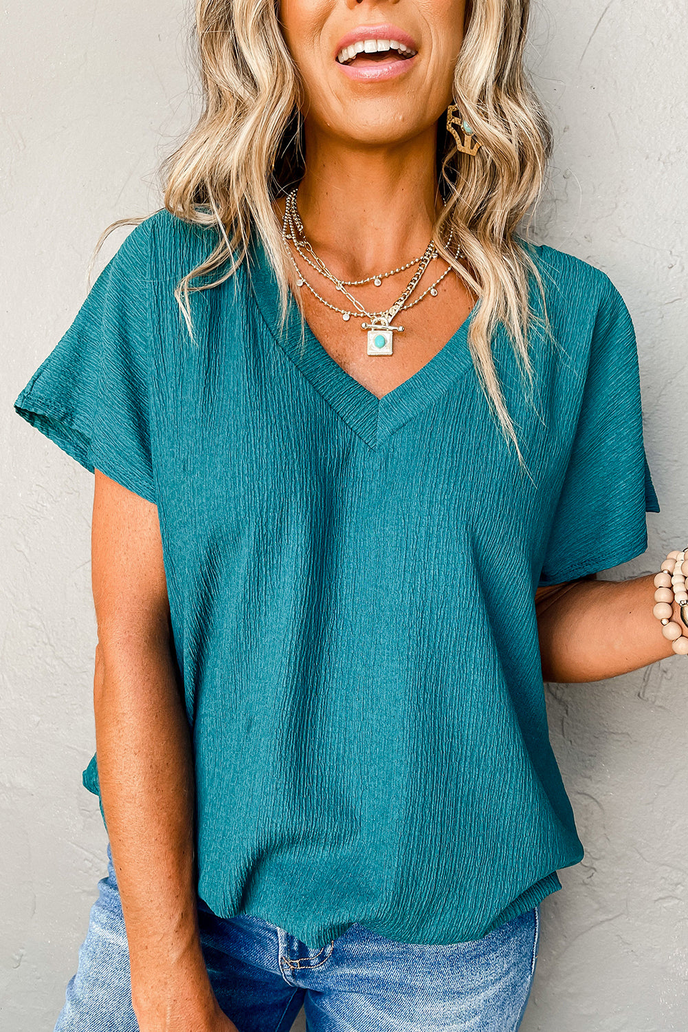 Blue V Neck Wide Sleeve T-shirt