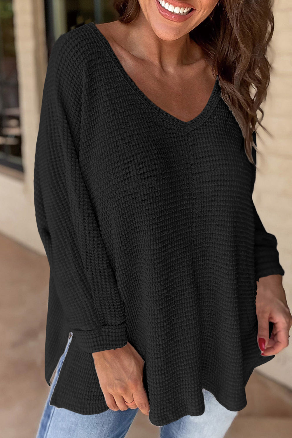 Black Waffle Knit Side Slits Top