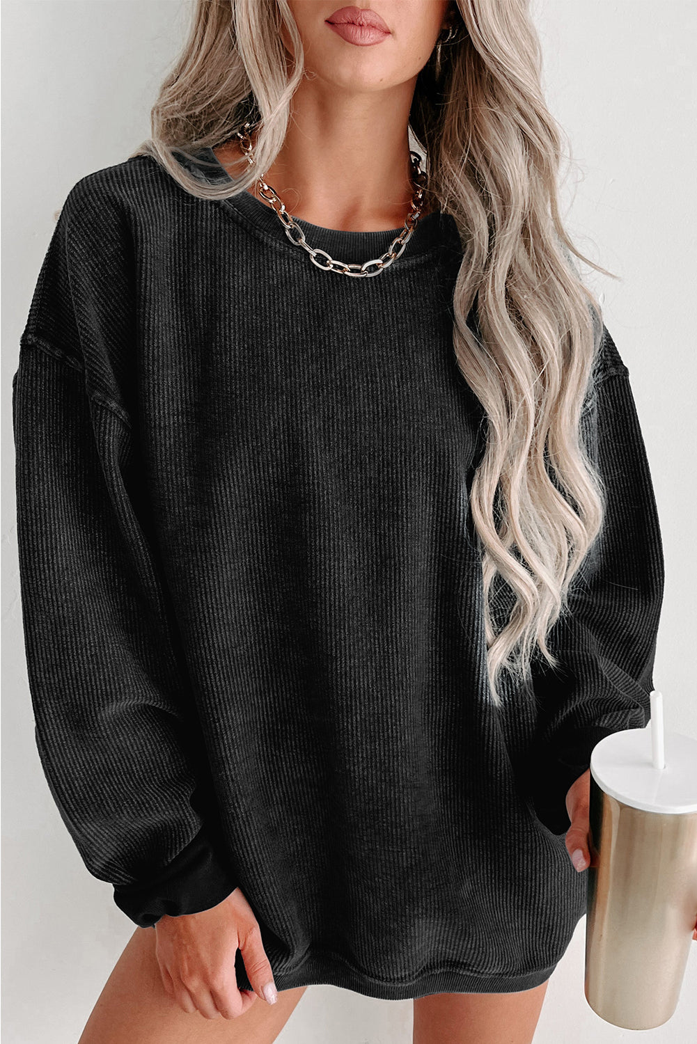 Black Solid Ribbed Knit Pullover Sweatshirt