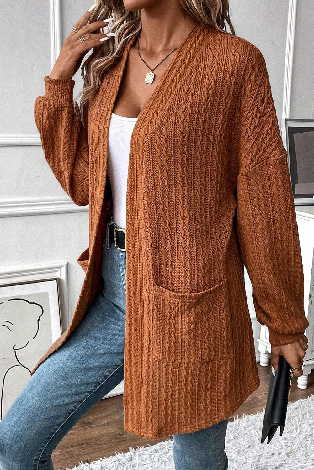 Chestnut Textured Knit Open Front Cardigan