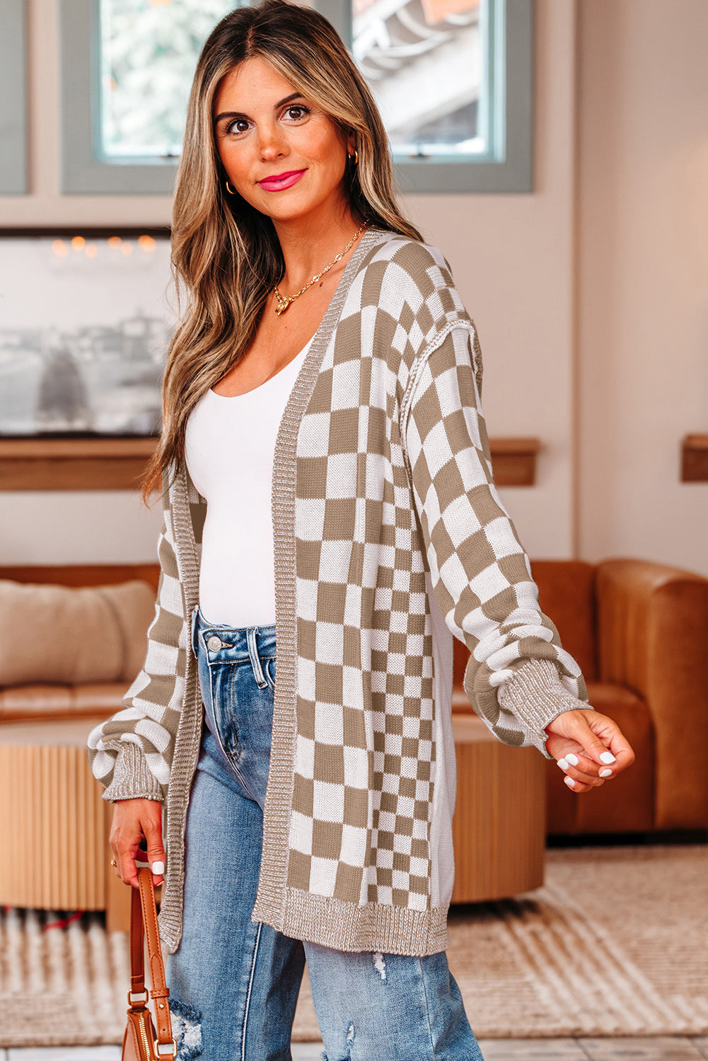 Brown Checkered Open Front Cardigan