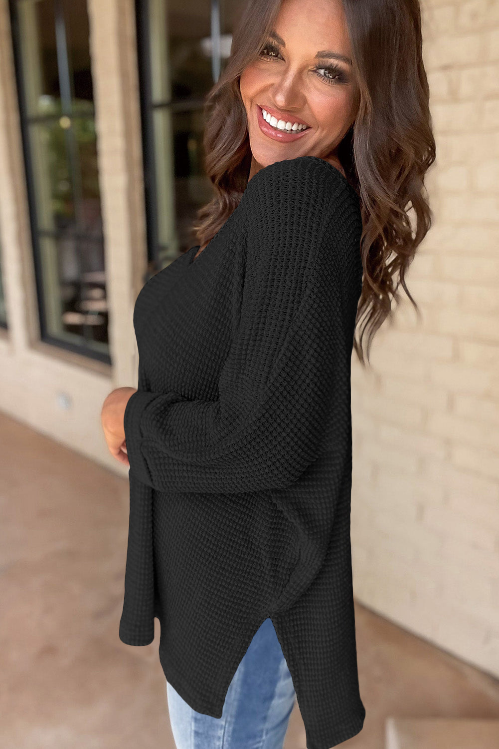 Black Waffle Knit Side Slits Top