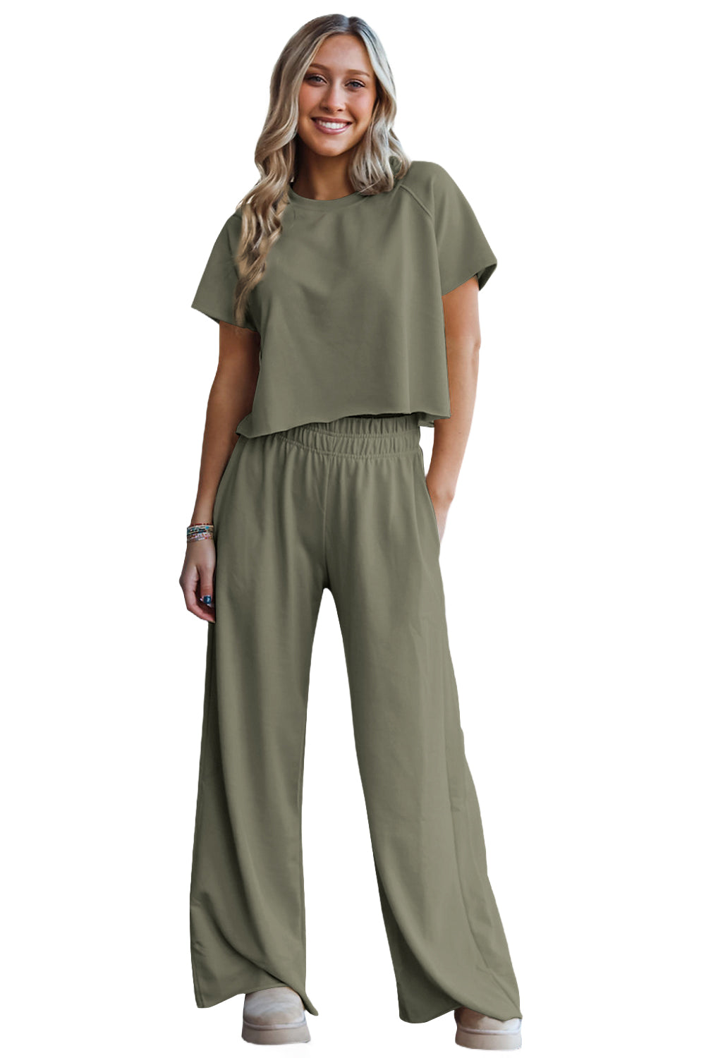 Seagrass Raw Hem Tee and Wide Leg Pants Set