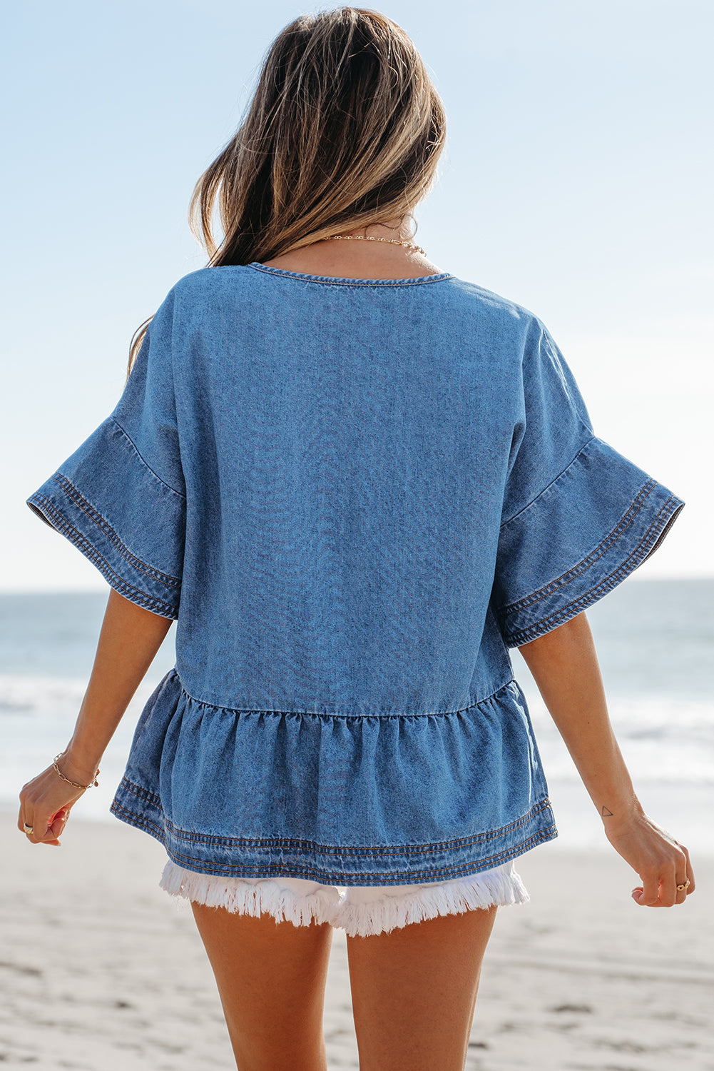 Blue Denim Ruffled Sleeve Tie Front Top