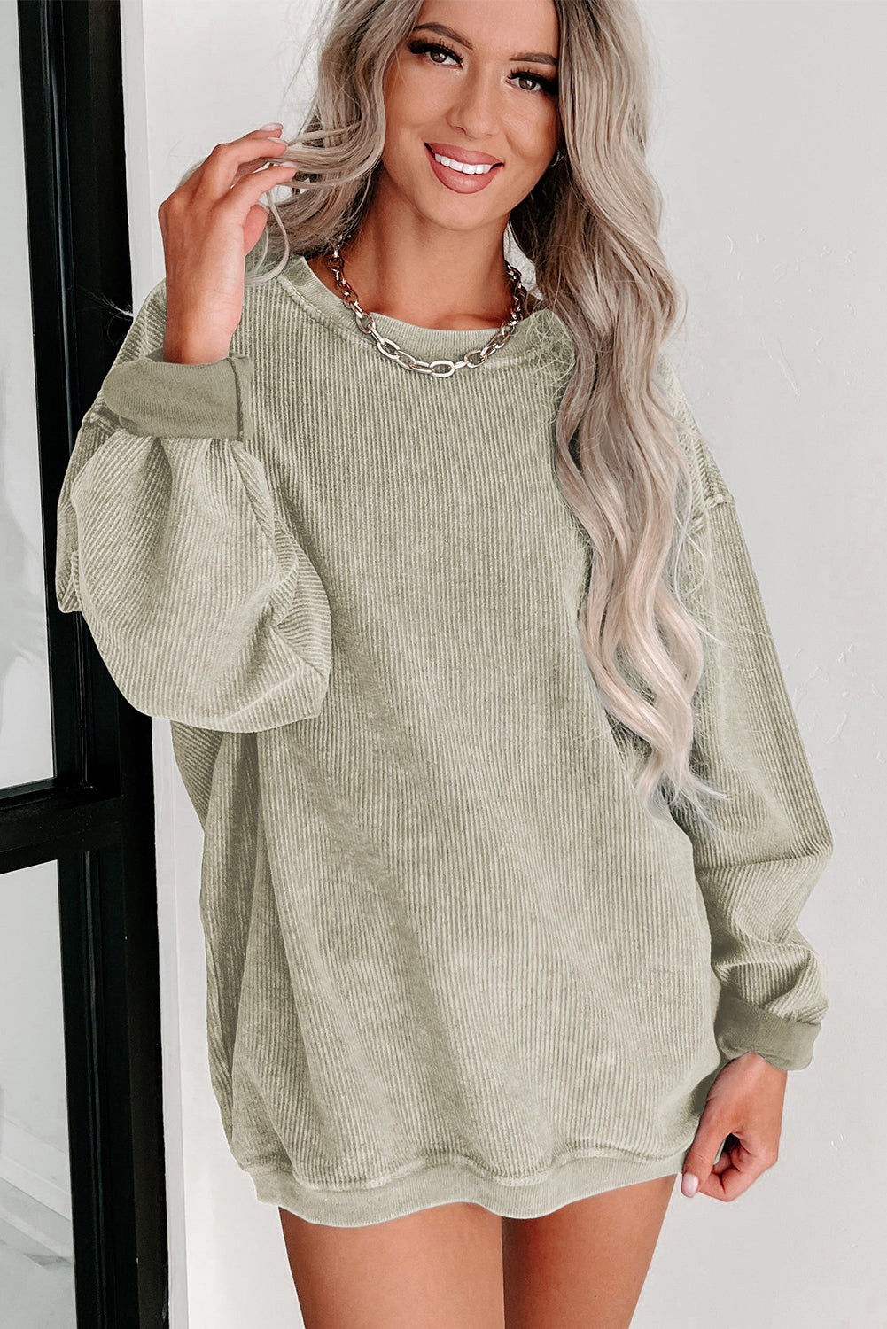 Green Solid Ribbed Knit Pullover Sweatshirt