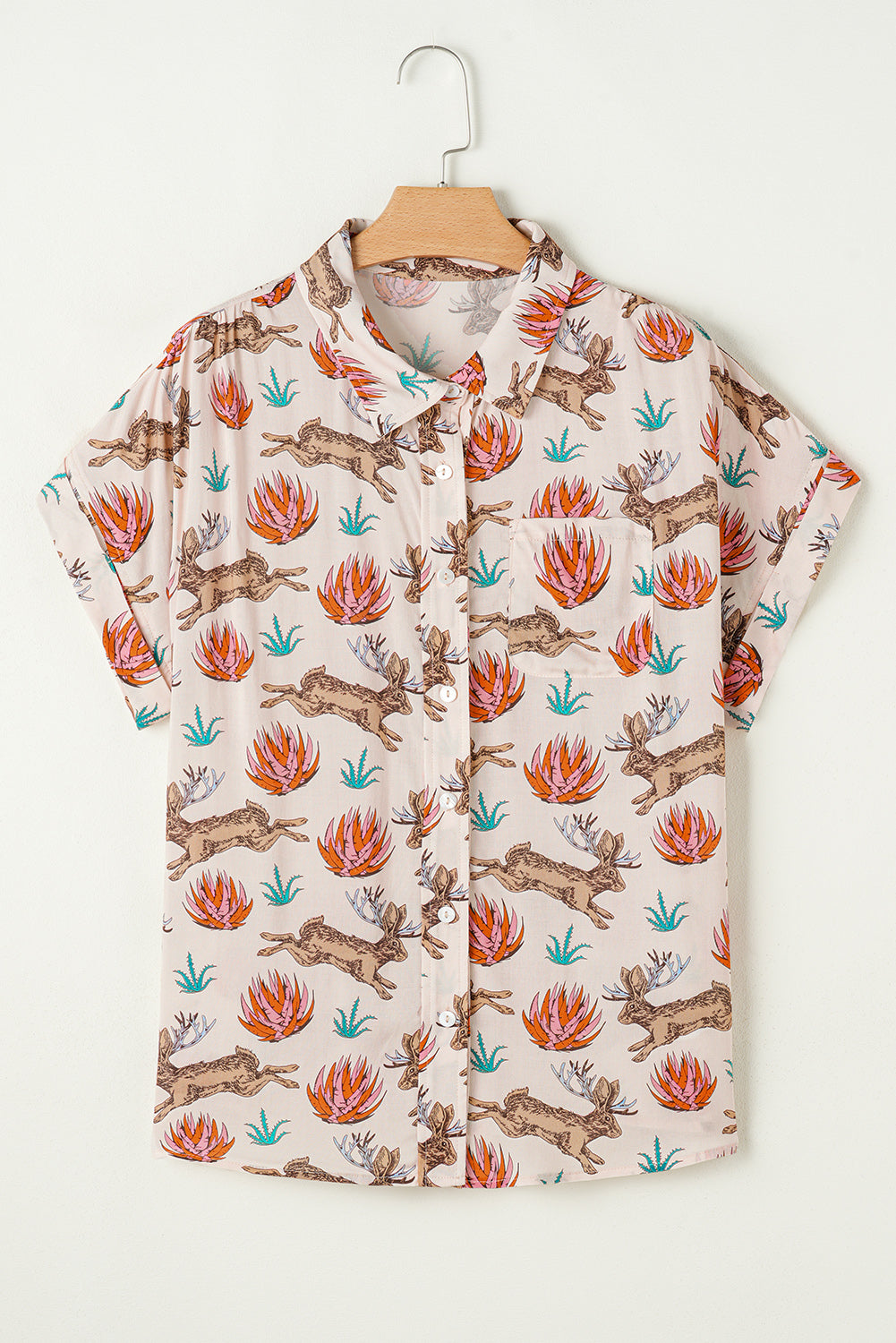 Khaki Plus Size Western Pattern Short Sleeve Shirt