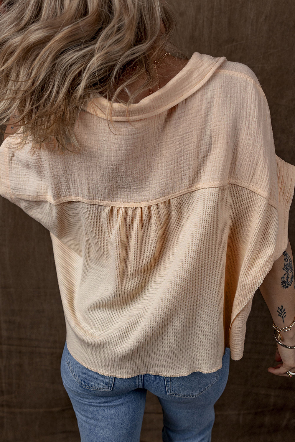Beige Button Down Waffle Sleeve Shirt