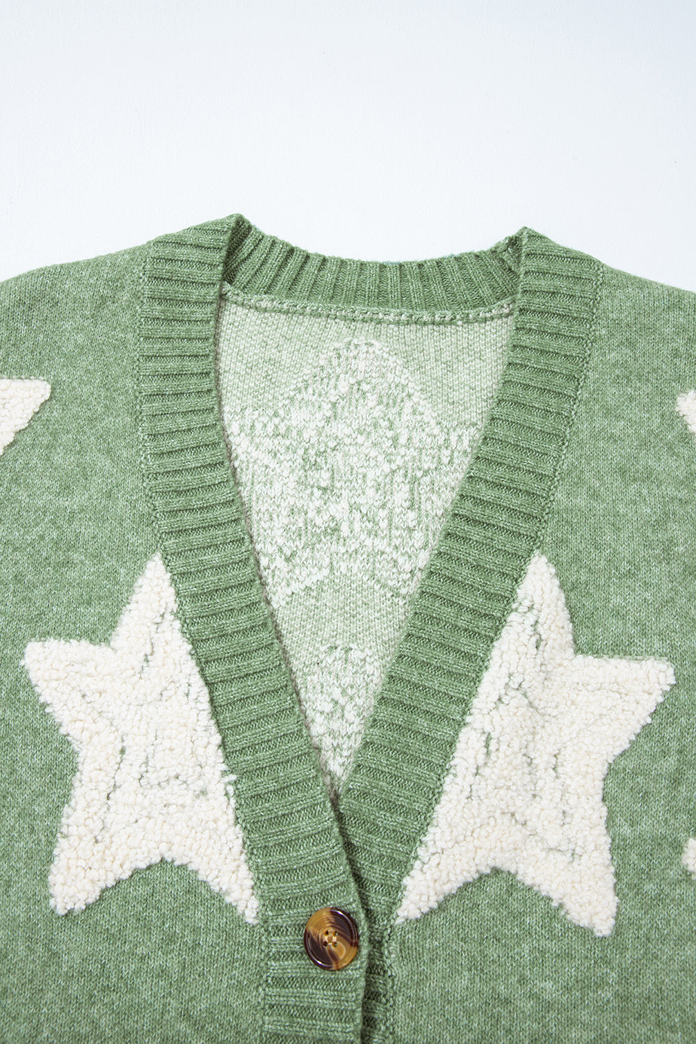 Green Sherpa Star Pattern Sweater Cardigan with Pockets