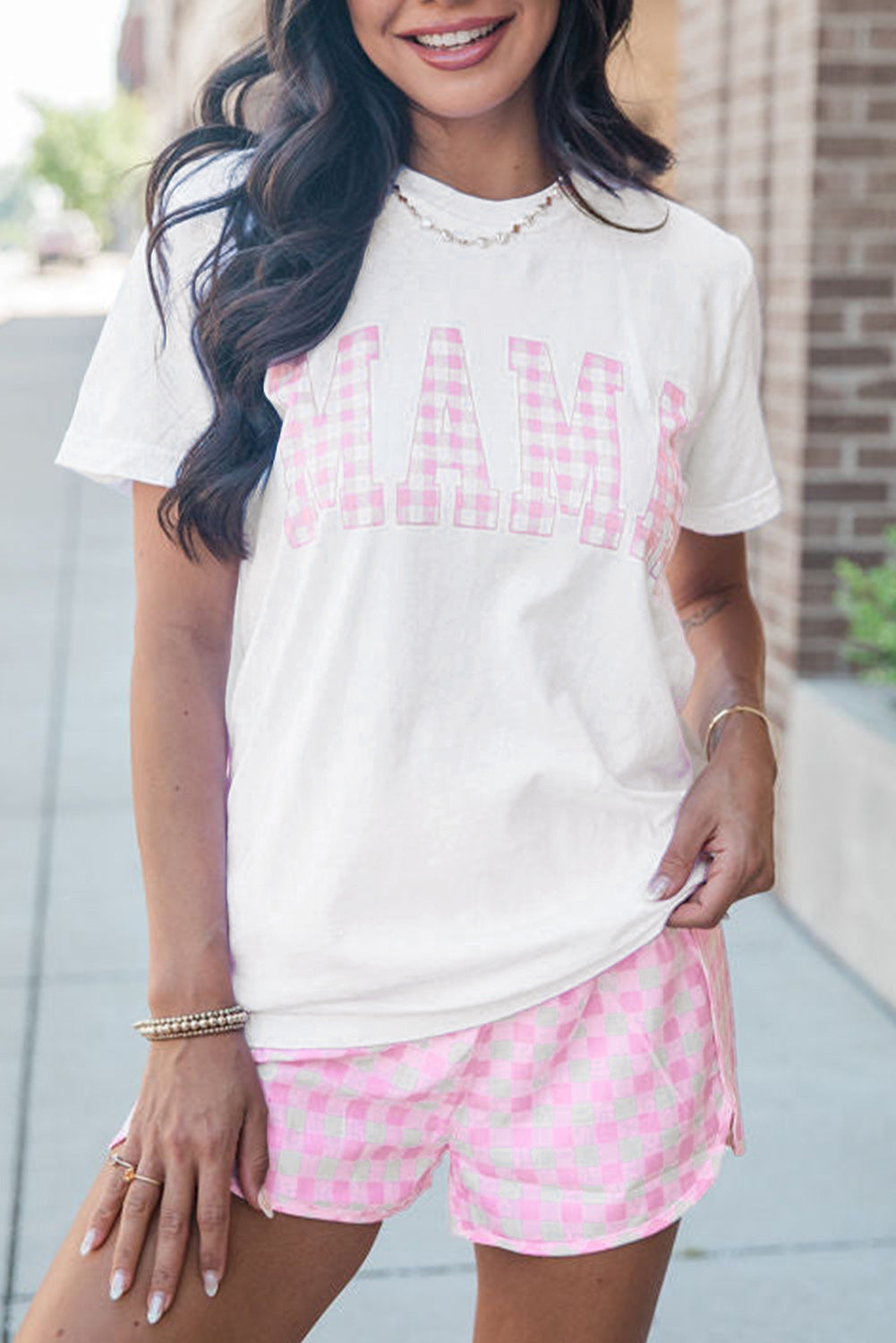 White ‘MAMA’ Tee and Plaid Shorts Lounge Set