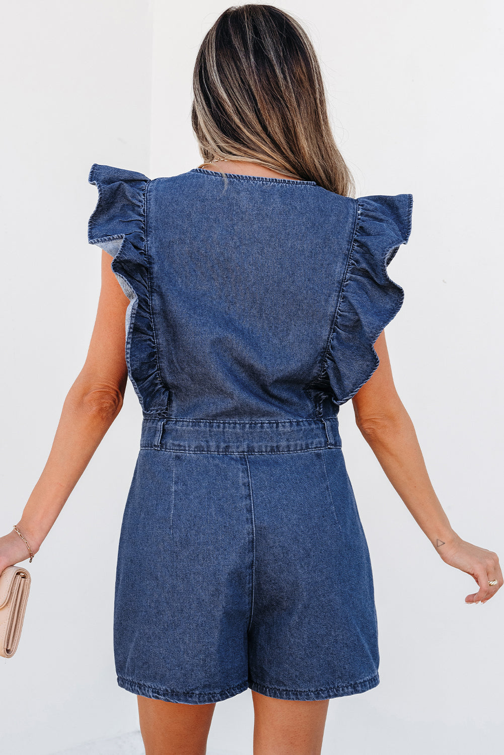 Denim Ruffled Zipped Front Romper