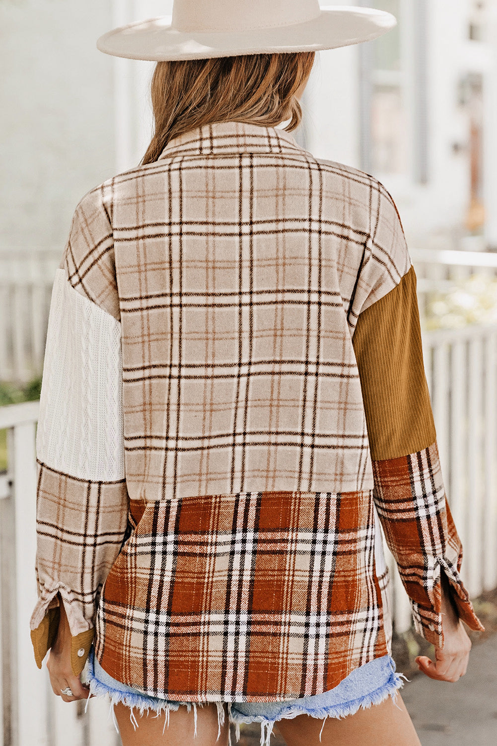 Orange Plaid Color Block Patchwork Jacket