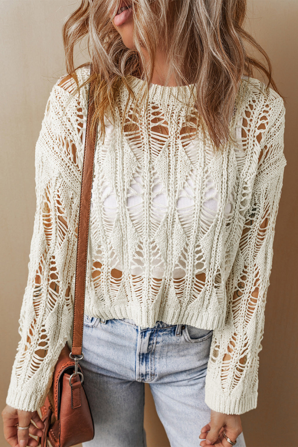 White Crochet Crew Neck Loose Fit Sweater