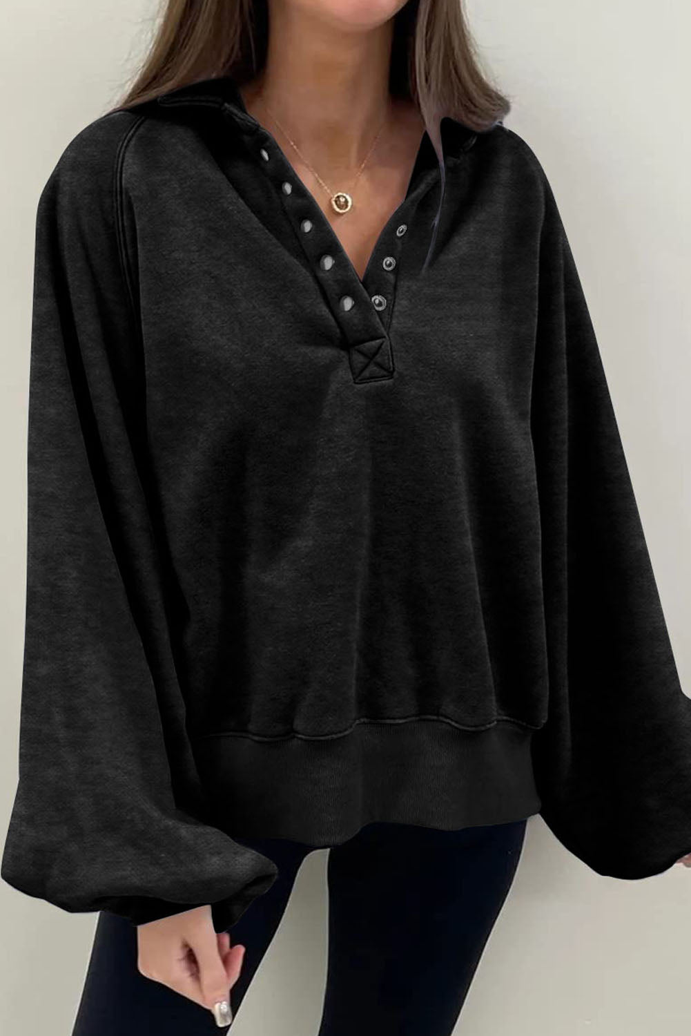 Black Solid Snap Sweatshirt