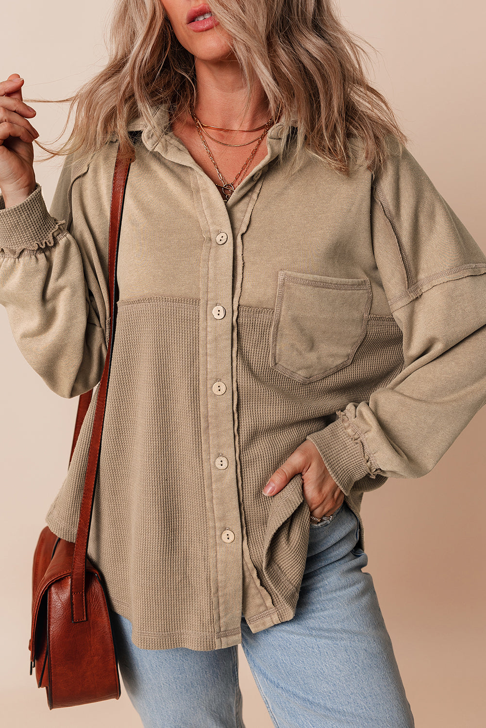 Mineral Wash Patchwork Loose Fit Shacket