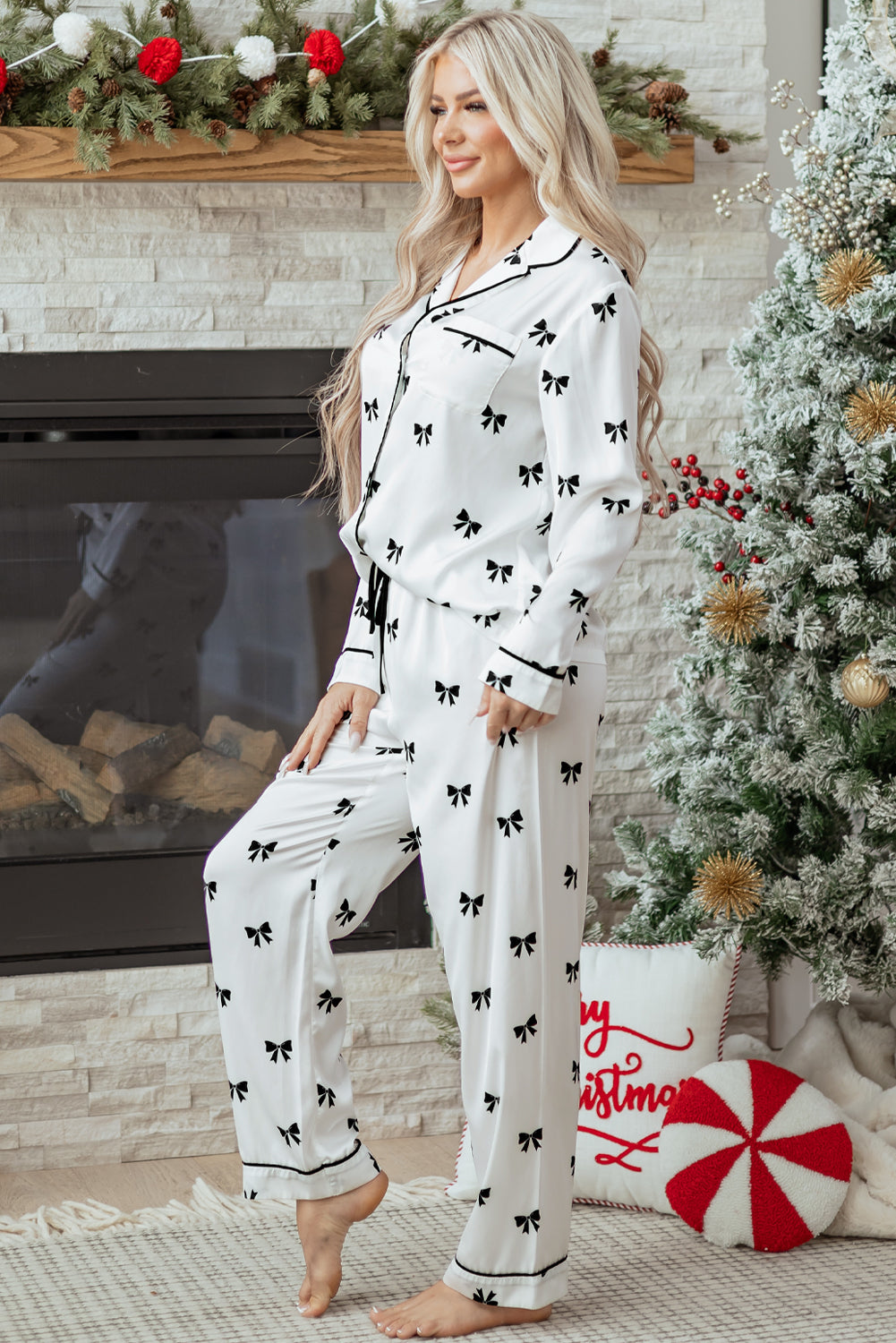 White Bows Print Pajama Set