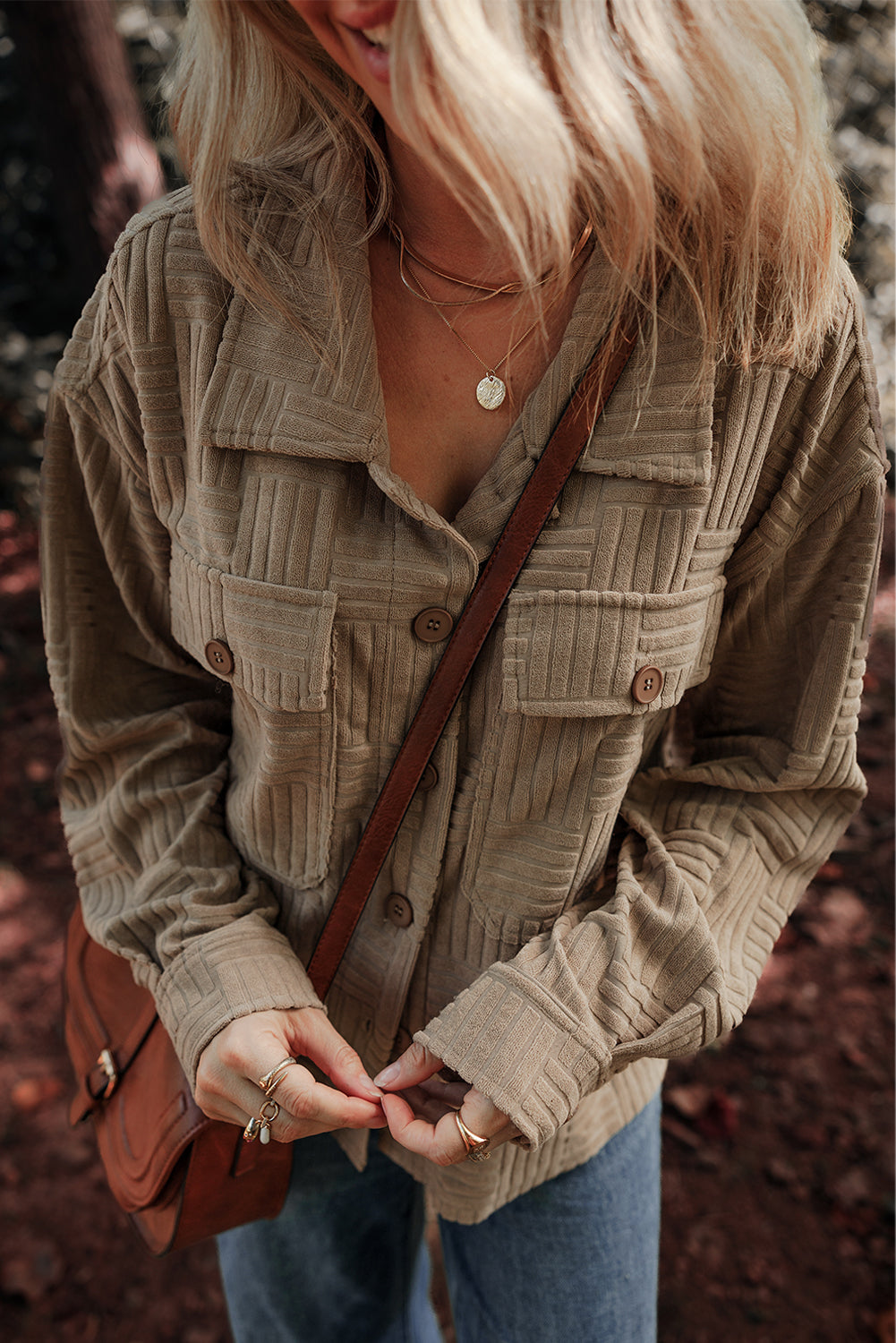 Khaki Textured Pocket Button-up Shacket