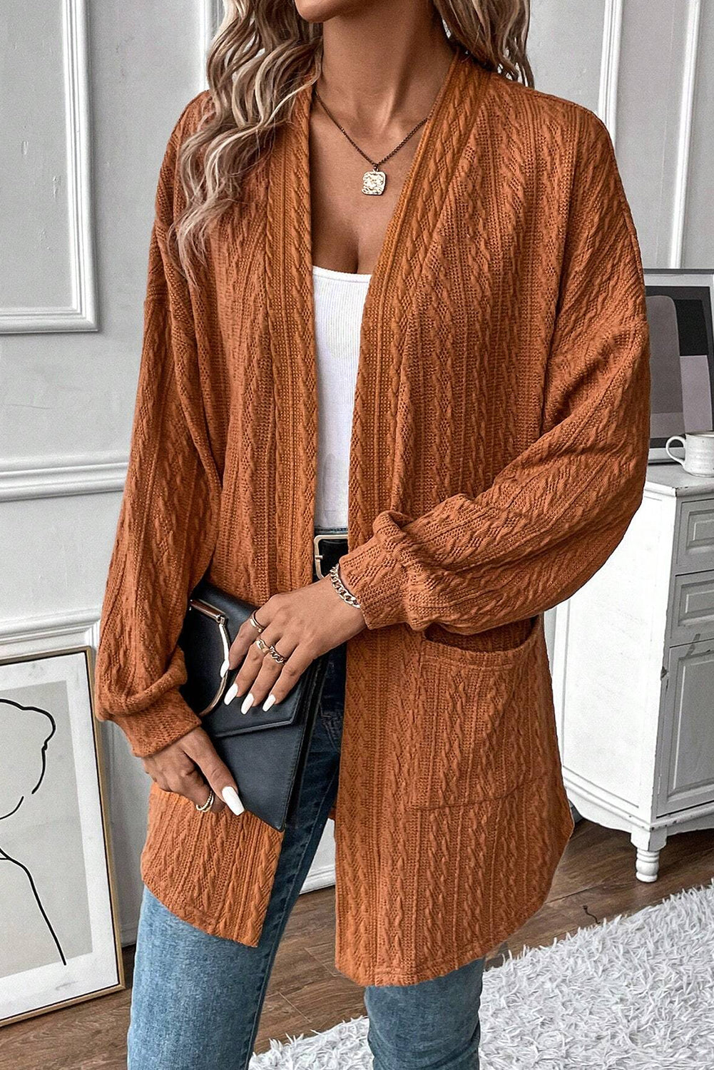 Chestnut Textured Knit Open Front Cardigan