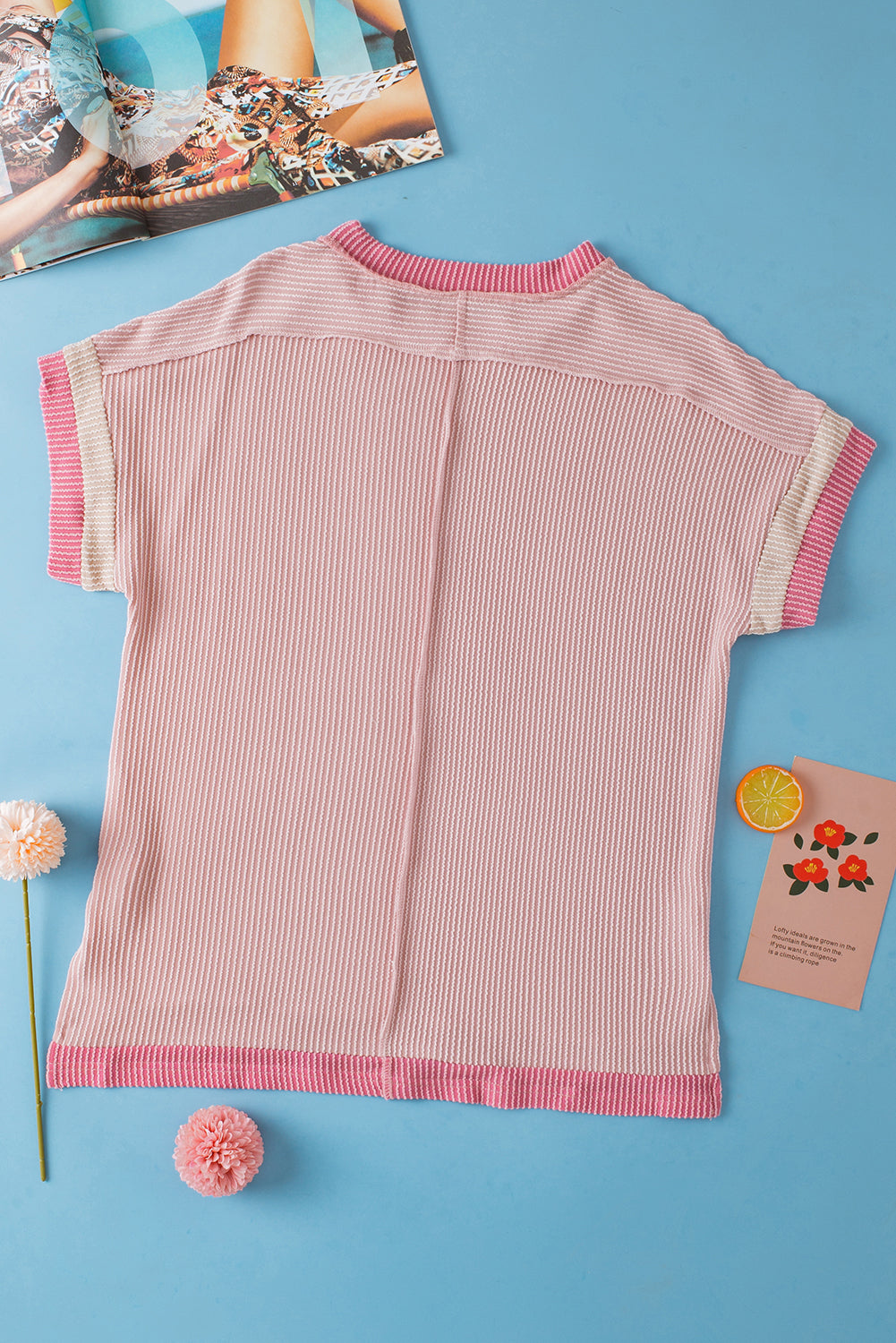 Light Pink Textured Contrast Trim T Shirt