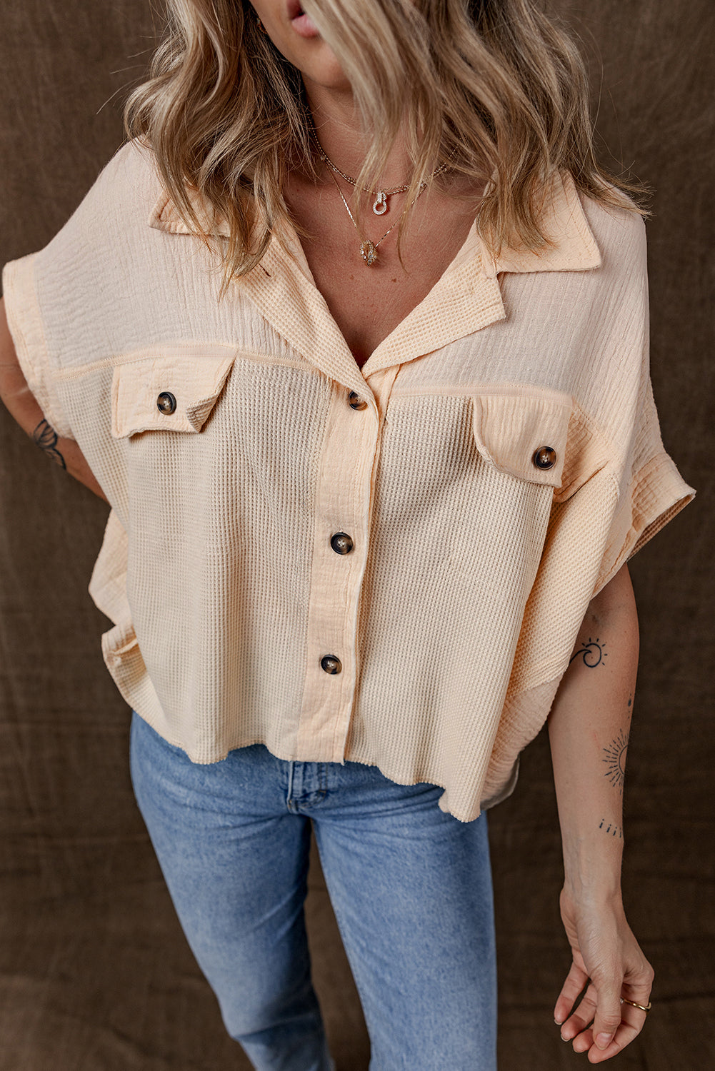 Beige Button Down Waffle Sleeve Shirt