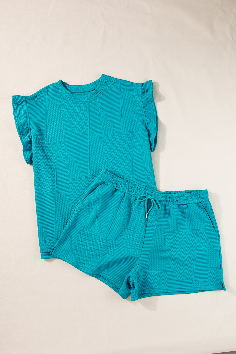 Teal Textured Ruffle Split Top and Short Set