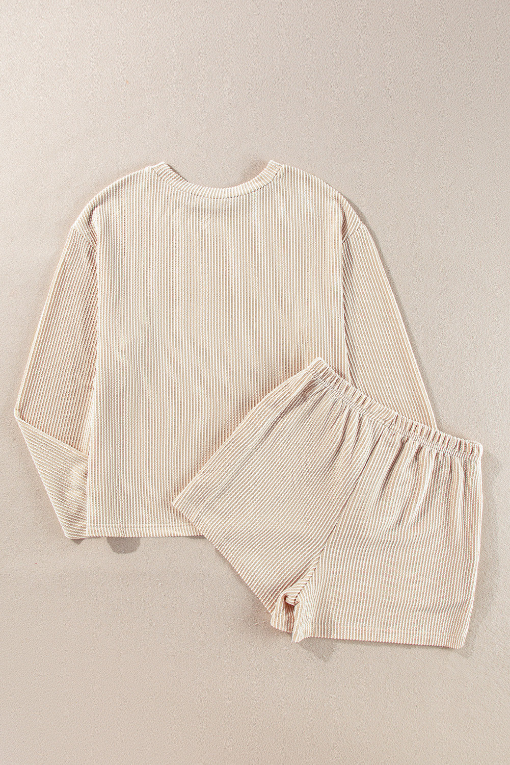 Beige Corded Knit Long Sleeve Top and High Waist Shorts Set