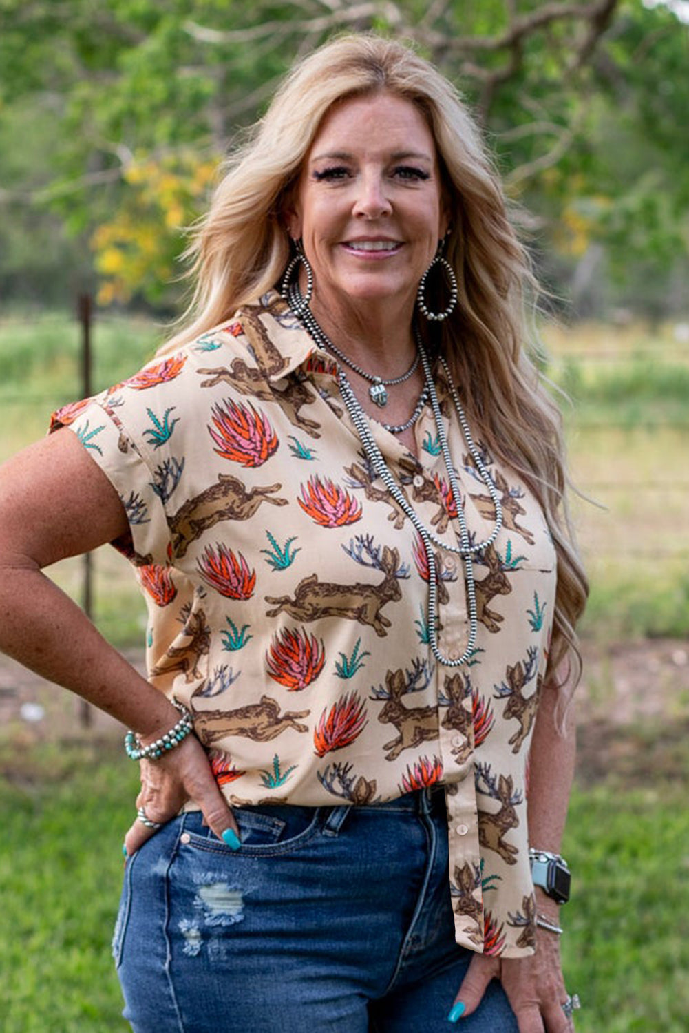 Khaki Plus Size Western Pattern Short Sleeve Shirt