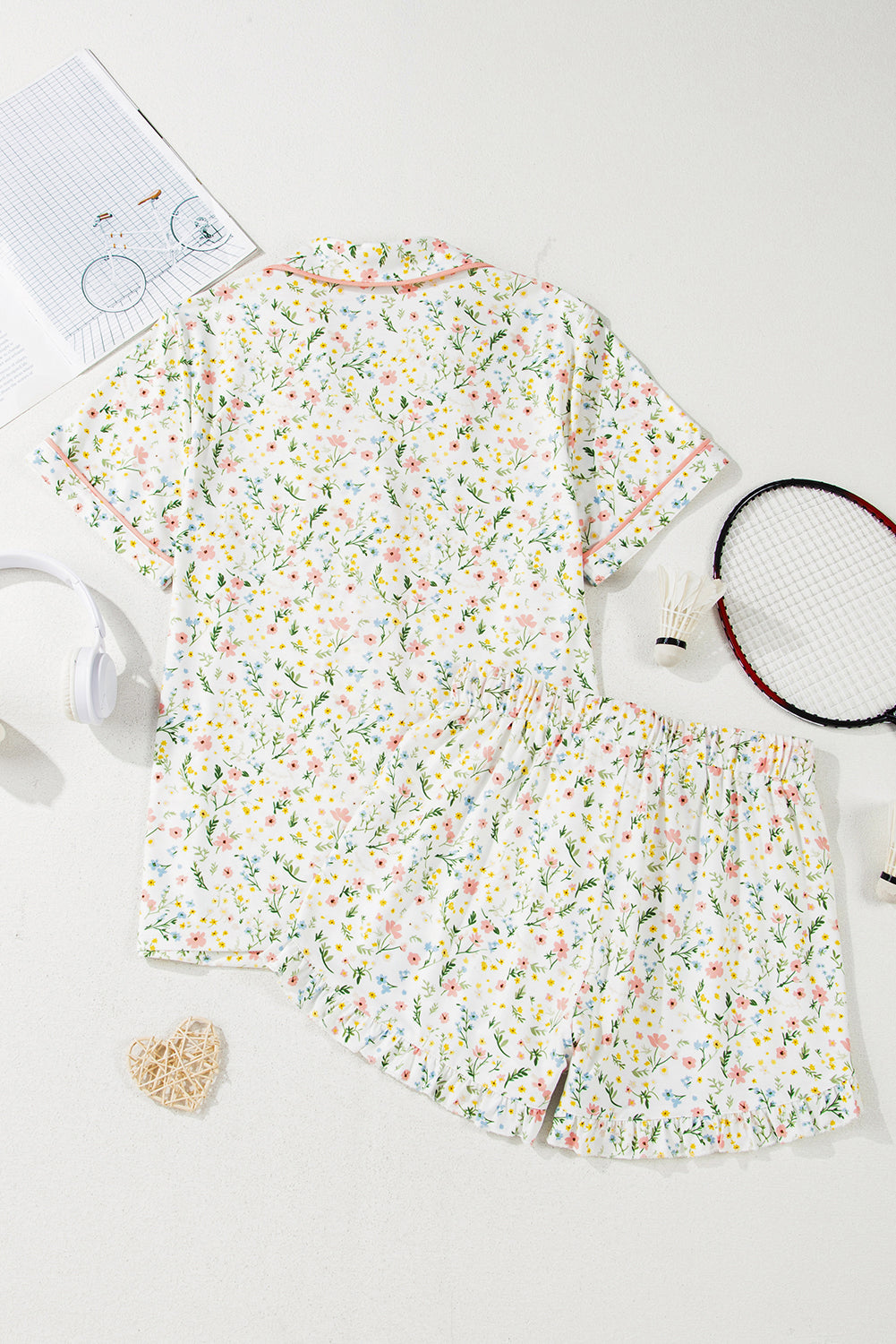 White Floral Print Pajama Set
