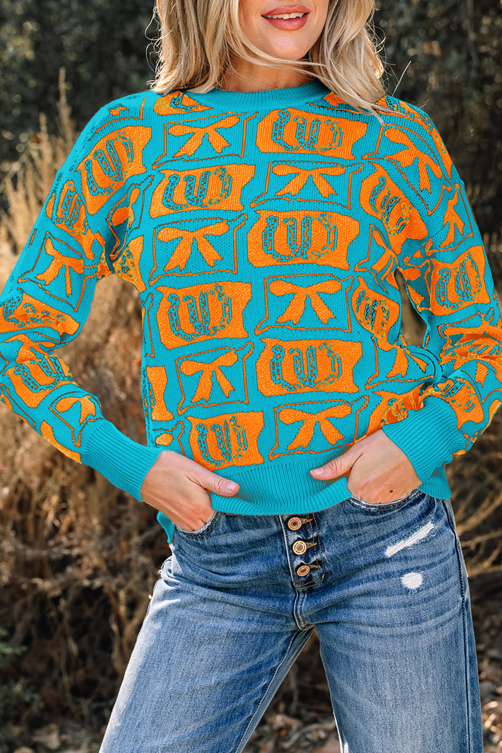 Light Blue Bows & Horseshoes Pattern Sweater
