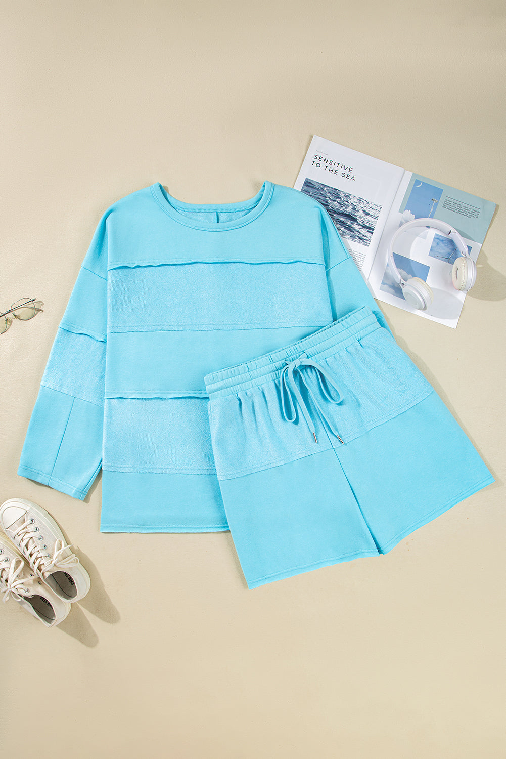 Aruba Blue Plus Size Raw Hem Pullover Shorts Set