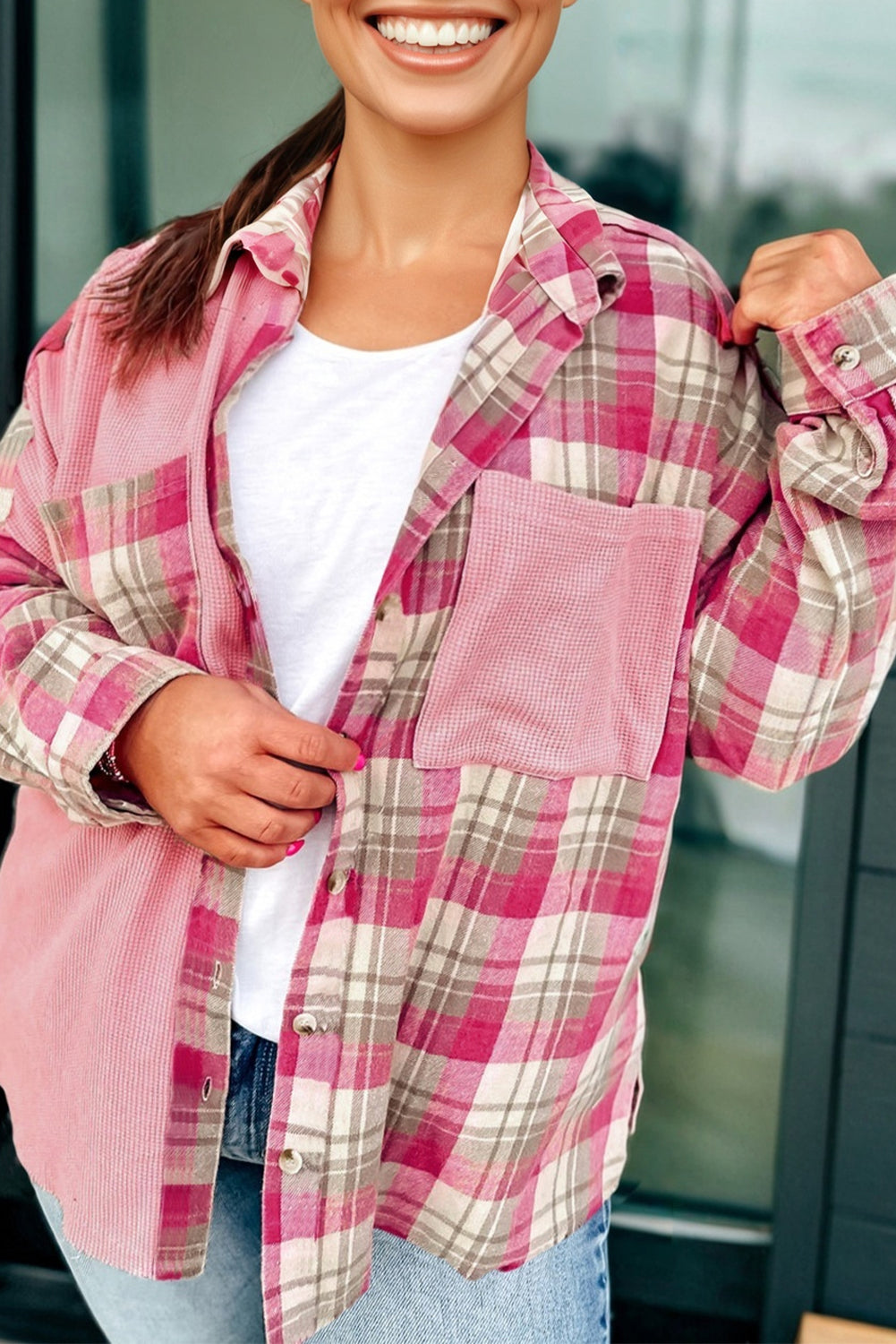 Pink Plaid Patchwork Plus Size Top