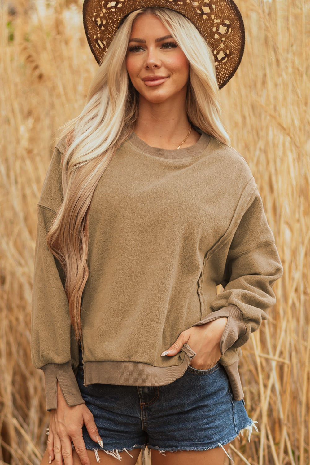 Dark Khaki Pullover Sweatshirt with Side Slit