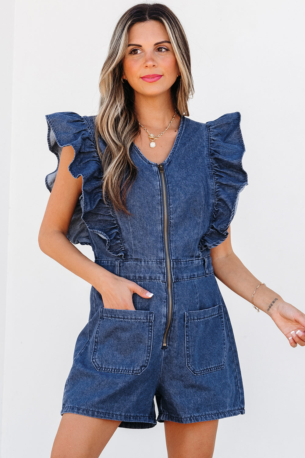 Denim Ruffled Zipped Front Romper